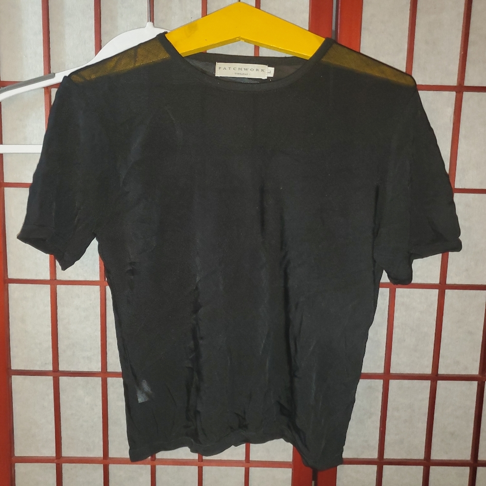 2 for $15! GUC sheer patchwork black viscose shirt. Large.